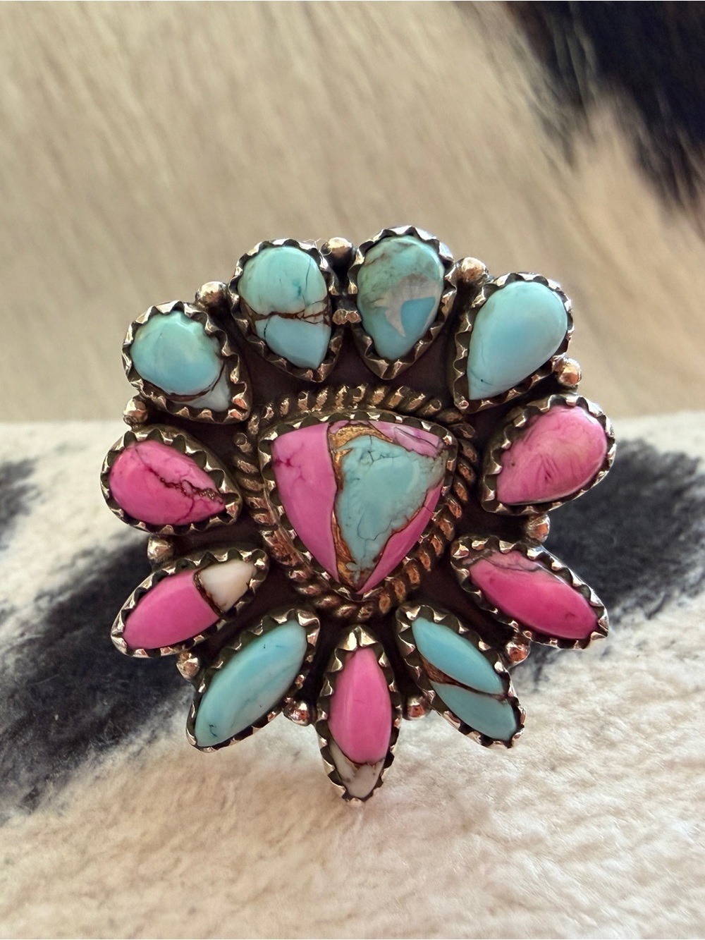 ❤️ Cotton Candy Kingman Turquoise Cluster Flower Adjustable Sterling Silver Ring